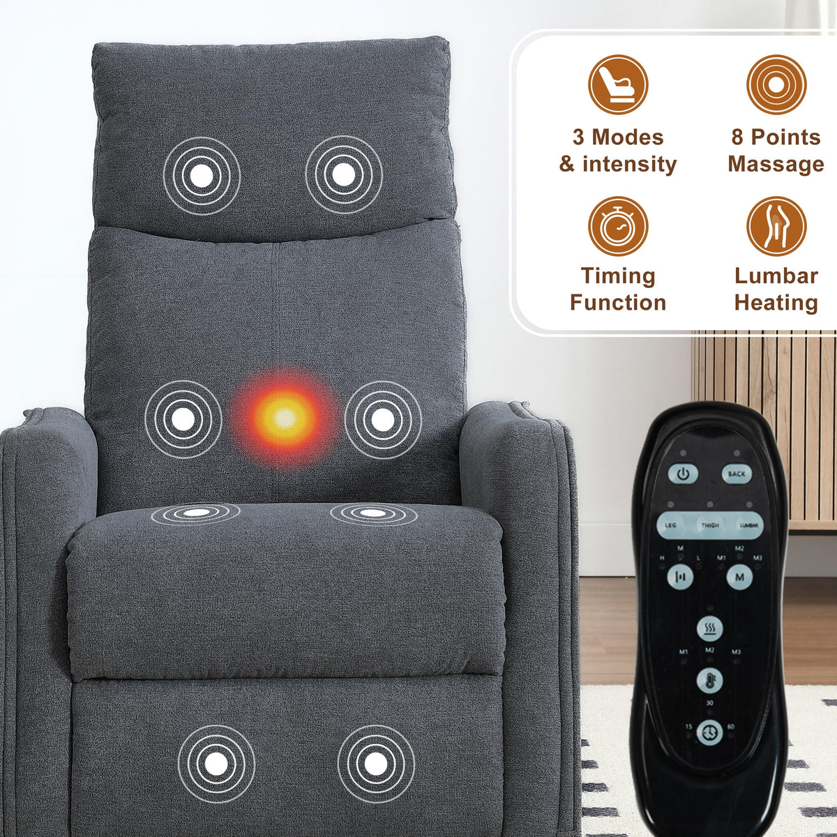 Dark Gray Swivel Rocker Recliner Chair with Vibration Massage and Heat C21664